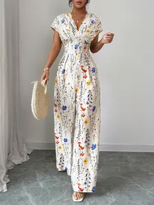 Elegant Floral Print Romper for Women, V-Neck Short Sleeve High Waist Wide Leg, Vacation Style One-Piece, Comfortable and Stylish