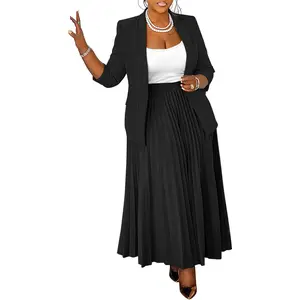 Women's Plus Size 2 Piece Outfits Casual Open Front Blazer and High Waist Pleated Maxi Skirt Sets Business Suits