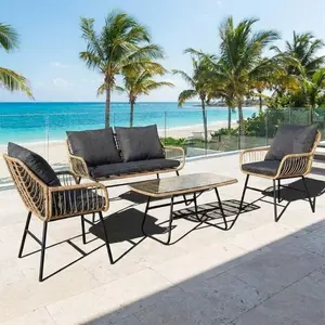 Round Rattan & Iron 4-Piece Outdoor Patio Furniture Set, All-Weather Rattan Garden Conversation Set with Table & Chairs, Stylish Outdoor Sofa & Dining Set for Garden, Balcony and Backyard