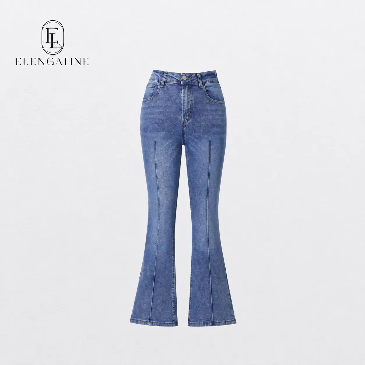 EL ELENGATINE Women's High-Waisted Flared Jeans, Fitted Cotton Blend with Wide Cuffed Hem and Contrast Seams, Below the Ankle Urban Chic Denim Pants, Elegant, Plain, Full Length, Work, Wide-Leg
