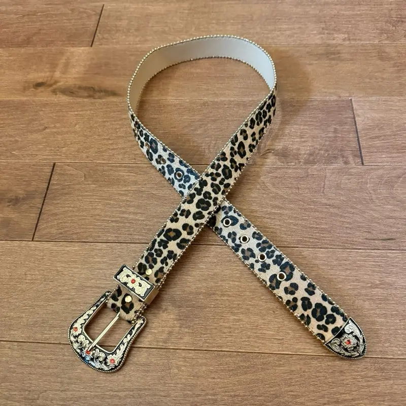 Leopard Print Belt with Gold Buckle and Red Accents for  display picture 2