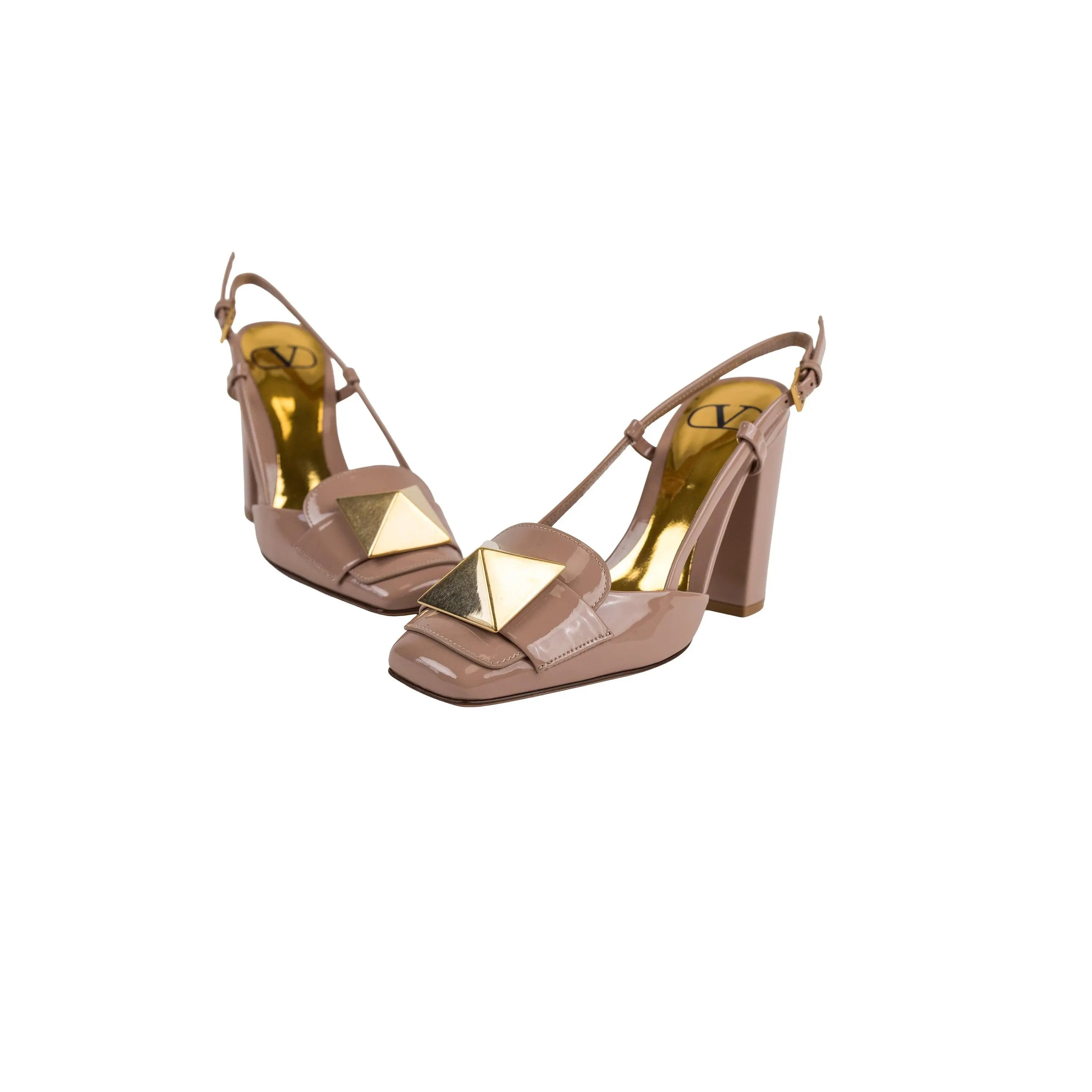 Valentino Nude Patent Leather Roman Stud Block Heel Slingback Size 36.5