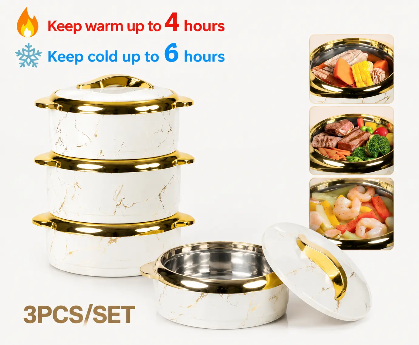 3-Piece White Marble Pattern Plastic Casserole Dish Set with Gold Accents, Insulated Stainless Steel Lidded Food Warmer Bowls, Thermal Container for Hot & Cold Food, Parties, Kitchen Use