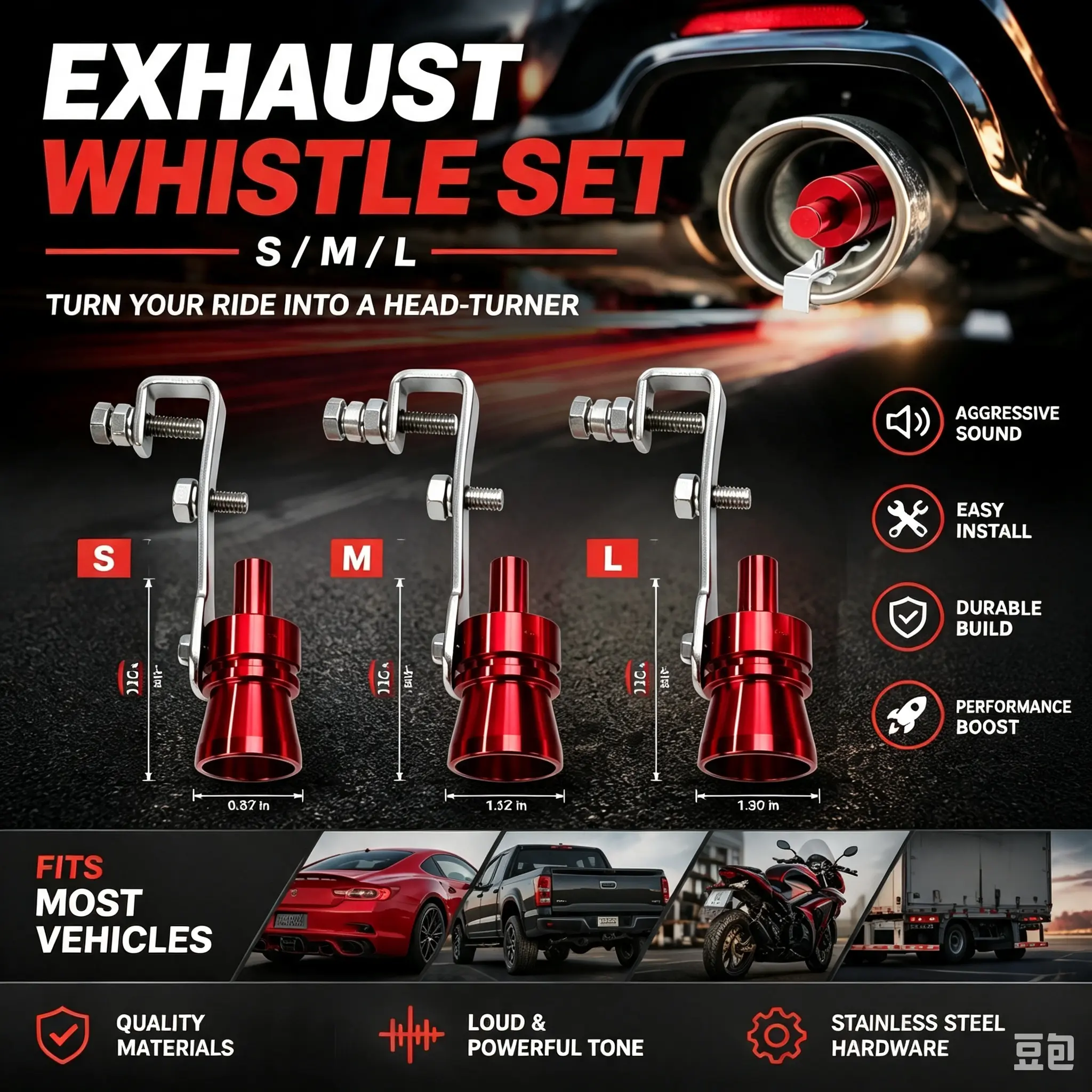 3Pcs Aluminum Alloy Exhaust Whistle Set - S/M/L Sizes, Turbo Sound Enhancer, Universal Car & Motorcycle Exhaust Muffler Simulator, Red & Black Options