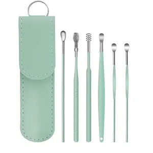 6 Piece Ear Spoon Set, Ear Cleaning Kit, Ear Cleaning Tool, Mint Stainless Steel Ear Picks, Portable Leather Storage Bag, Safe Comfortable for Adults and Kids