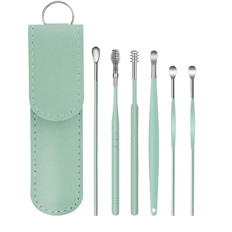 6 Piece Ear Spoon Set, Ear Cleaning Kit, Ear Cleaning Tool, Mint Stainless Steel Ear Picks, Portable Leather Storage Bag, Safe Comfortable for Adults and Kids
