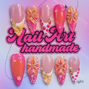 Delicatething Y2K Style Long Sharp Nails, Handmade Wearable Nail Set, 4 Sizes XS S M L, Beads, French Design, Perfect Gift for Women