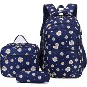 Daisy Printed Backpacks With Lunch Pack Pencil Case 3 count, Lightweight Water Resistant Bookbag For Middle School