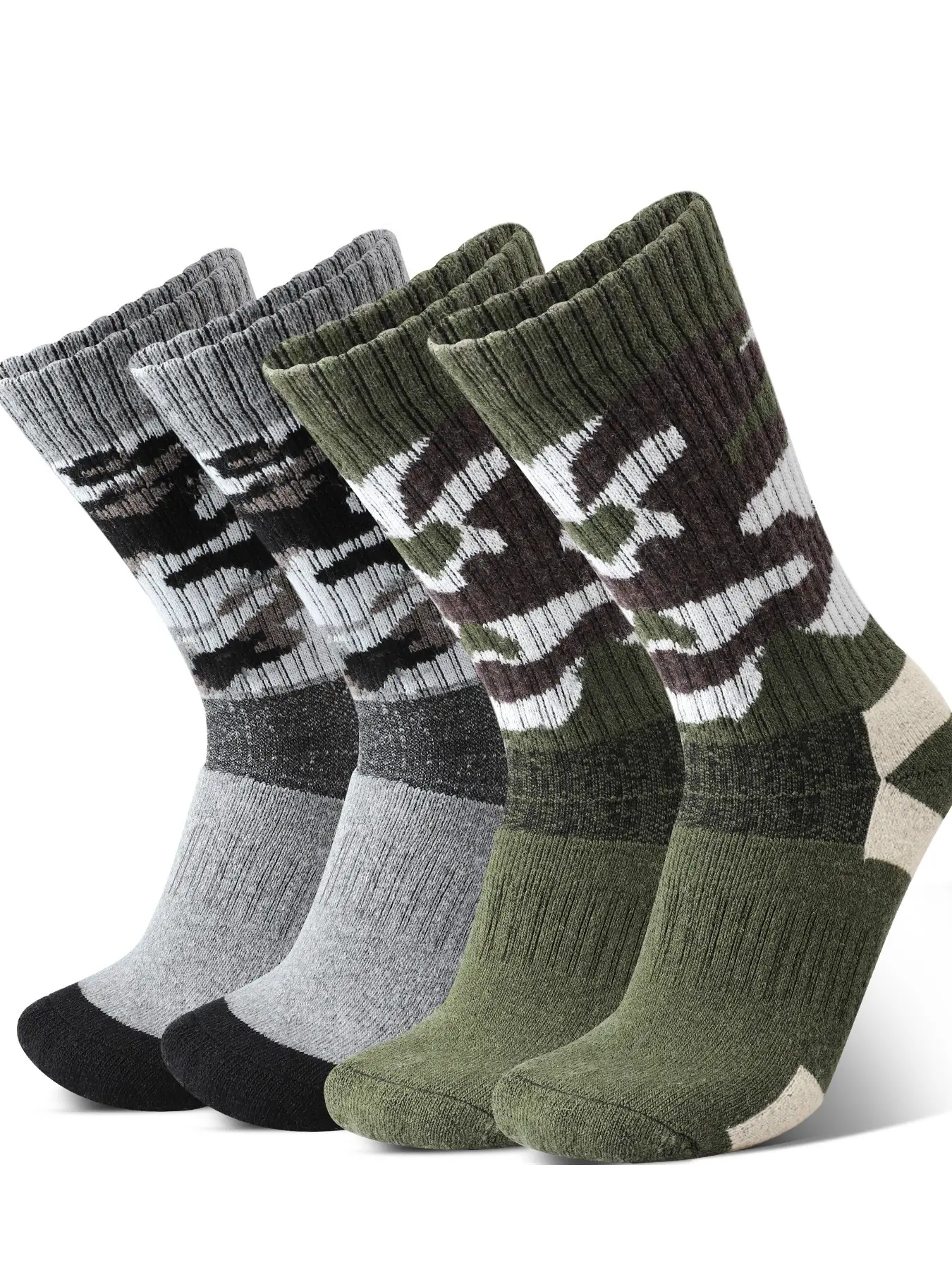 4 Pairs Wool Outdoor Sports Warm Socks for Men, Knitted Camouflage Fuzzy Hiking Socks, Fall & Winter Essential, Casual Style, Crew Athletic Socks