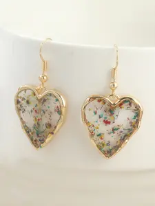 Handmade Dried Pressed Flower Resin Earrings, Lightweight Earring, Ear Hook Design, Heart-Shaped Colorful Pendant, Boho Style Floral Drop Earrings, All Seasons Jewelry