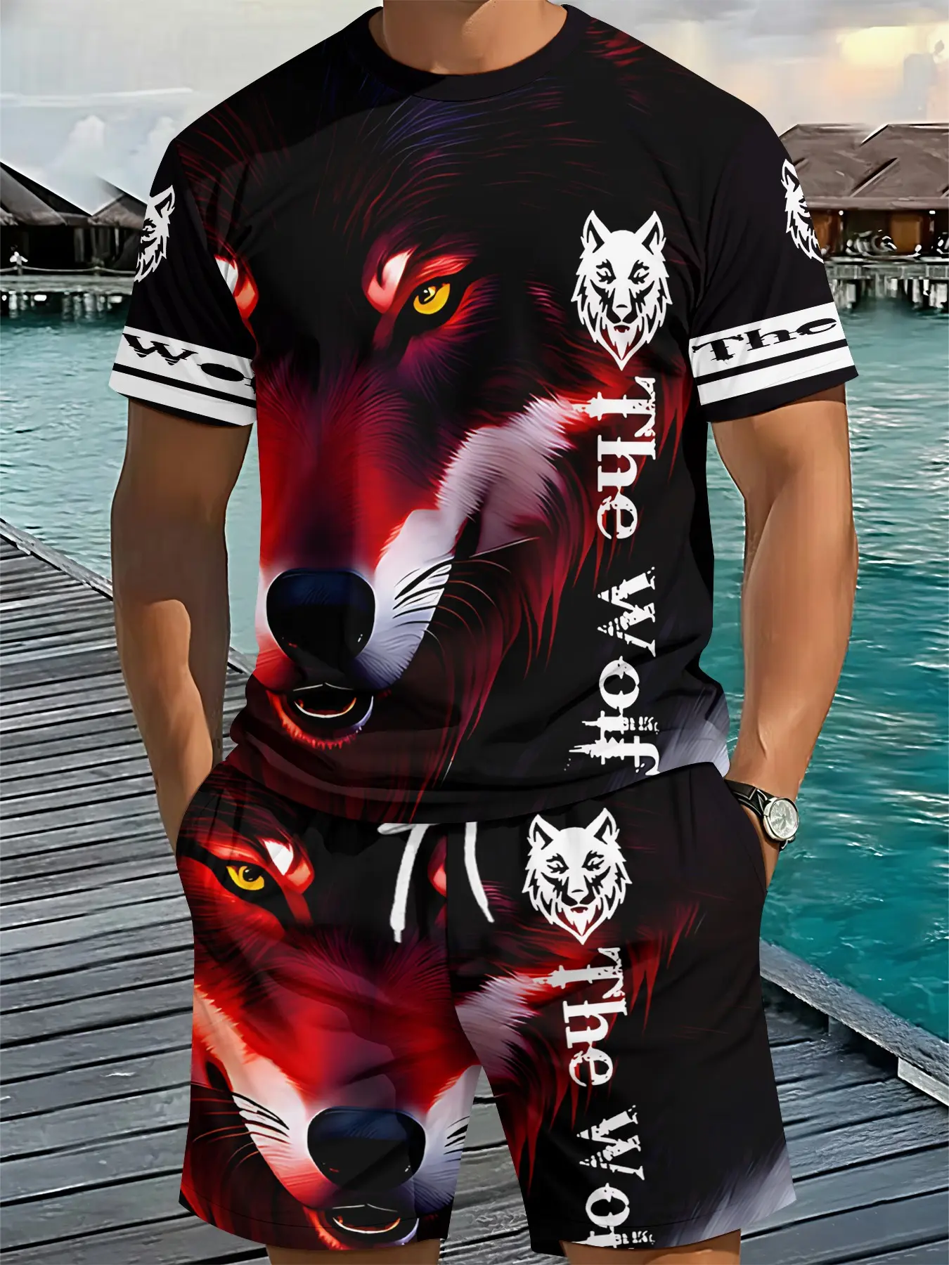 Men's 3D Digital Printed Two-piece Set with Realistic Red and Black Wolf King Print, Trendy Retro Casual Outfit, Vacation-style Fashion Wear, Breathable Sports Leisure Style, Ideal Festival Gift for Men, 2 Pieces