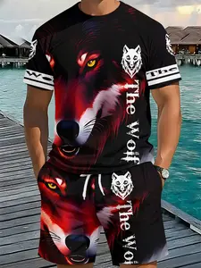 Men's 3D Digital Printed Two-piece Set with Realistic Red and Black Wolf King Print, Trendy Retro Casual Outfit, Vacation-style Fashion Wear, Breathable Sports Leisure Style, Ideal Festival Gift for Men, 2 Pieces