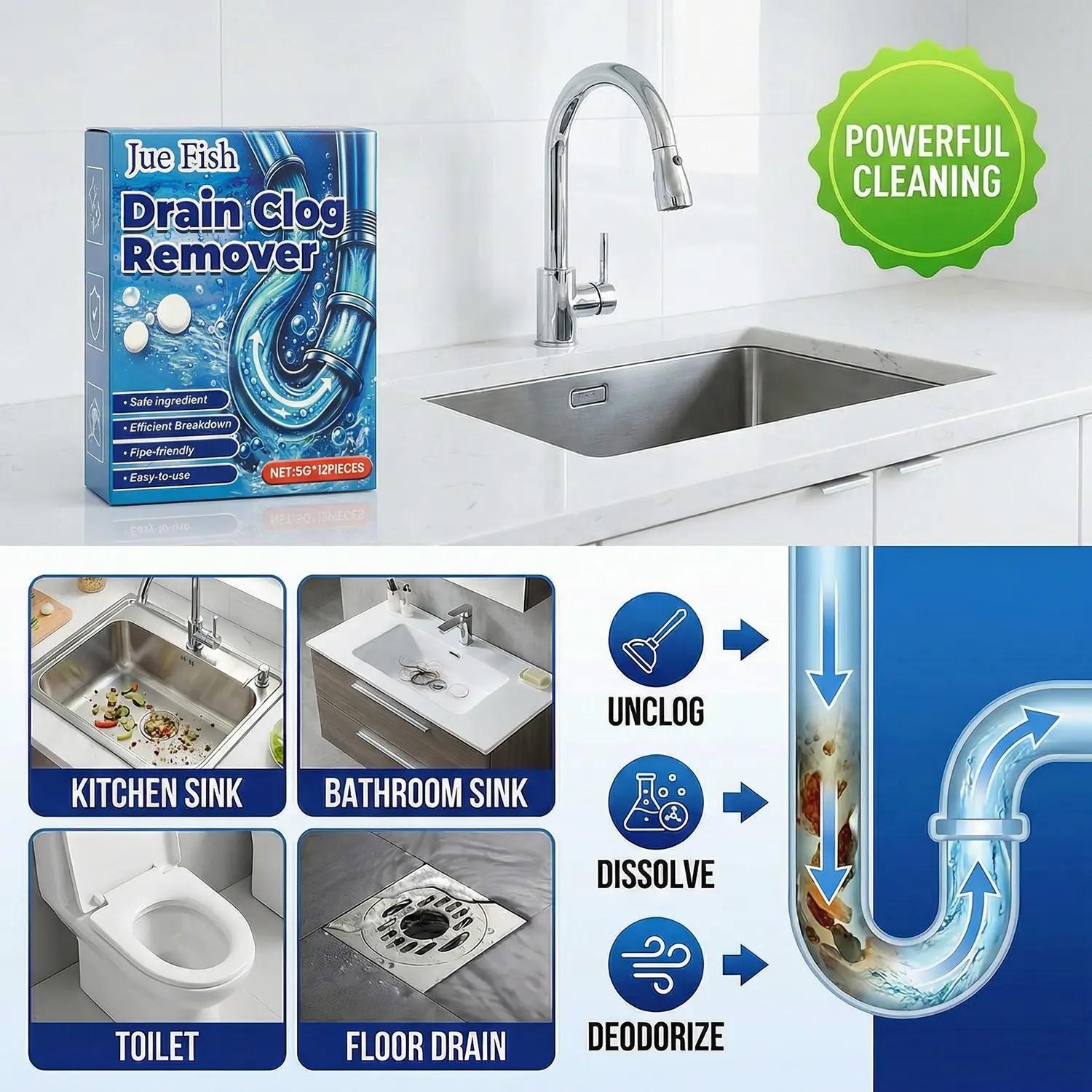 Strong Drain Effervescent Tablet for Kitchen & Bathroom Pipes, Dissolves 200 Clogs, Kills 99% Bacteria, Removes Odors, Unscented, 1 Box