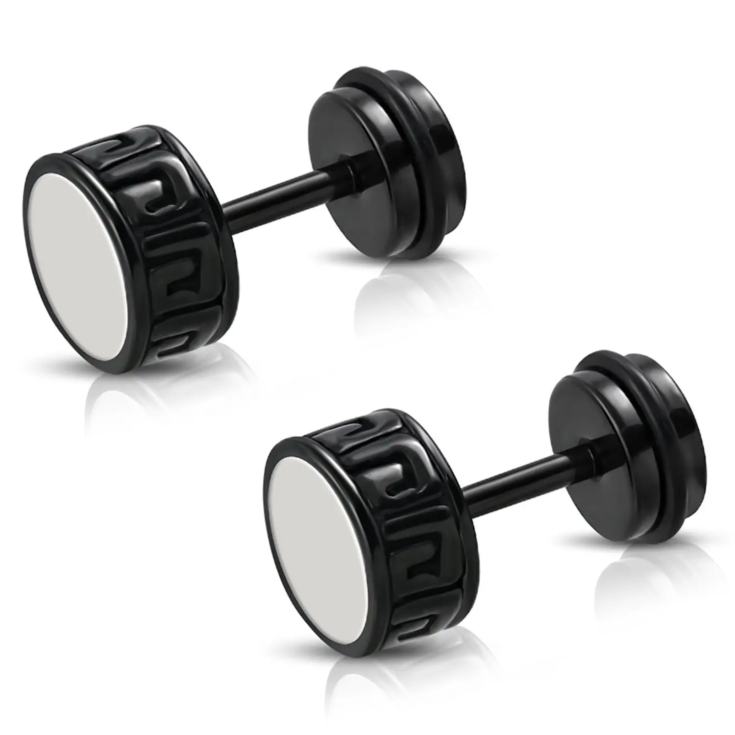 Stainless Steel Two-Tone Illusion Ancient Greek Key Round Circle Faux Fake Cheater Ear Plugs Gauge, Pair