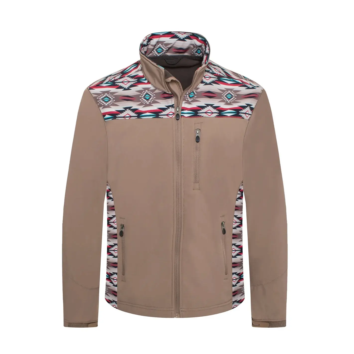 Men's Soft Shell Jacket Bonded With Western Aztec Print Khaki Brown