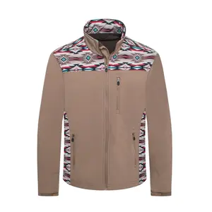 Men's Soft Shell Jacket Bonded With Western Aztec Print Khaki Brown
