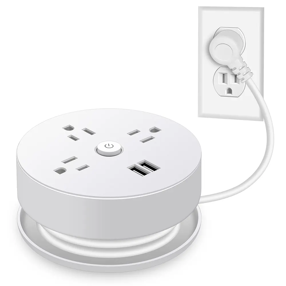 Portable Round Surge-Protected Power Strip - 3 AC Outlets, 2.4A USB Port, Solid Copper Power Cord, 1700J Surge Protection, 15A Overload Protection Switch - Ideal for Travel, Dorm Rooms