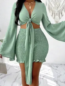 Sexy Style Tie Waist Crop Top Flounce Sleeve + Pleated Skirt Set, Perfect for Fashion Women Parties & Dates
