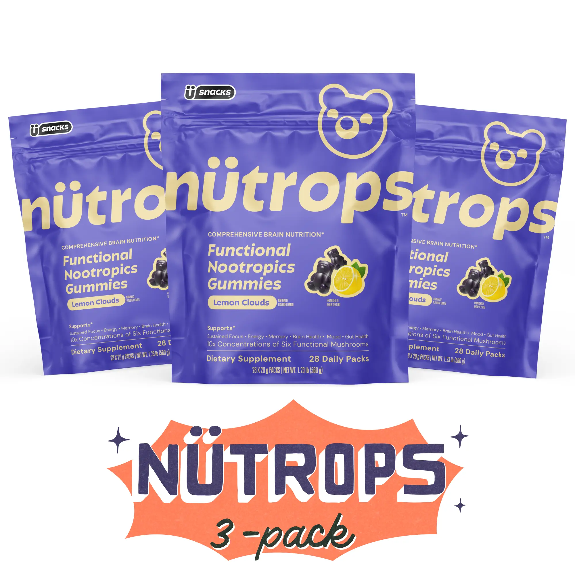 Nütrops 3 Month Supply Mushroom Gummies (Lemon Clouds Flavor): Functional nootropic supplement with 1,000mg 10:1 organic mushroom extract from 6 mushrooms: Lion's Mane, Cordyceps, Reishi, Chaga, Maitake, Coriolus, Caffeine Free, Gluten Free