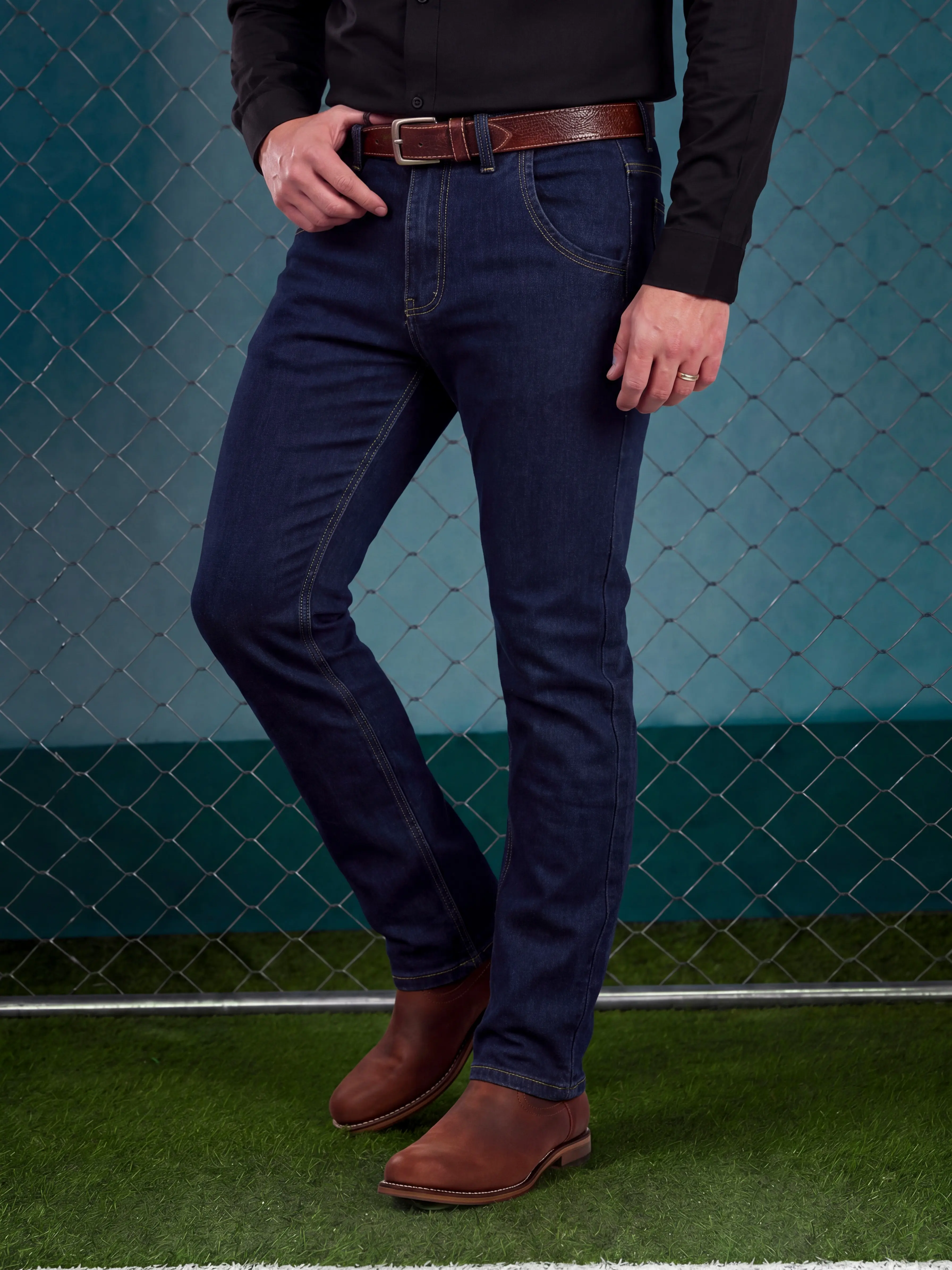 Men's Blue Mid-Waist Stretchable Plain Slim Fit Denim Jeans with Pocket - All-Season Classic Casual Straight Leg Menswear Trousers