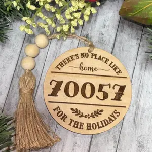 Personalized 3.75" Wooden Zip Code Ornament Modern Christmas Tree Decor with Bead String Farmhouse Style Customizable Gift for Home Decor Custom Engraved Ornaments. Rustic ornaments  New home ornaments