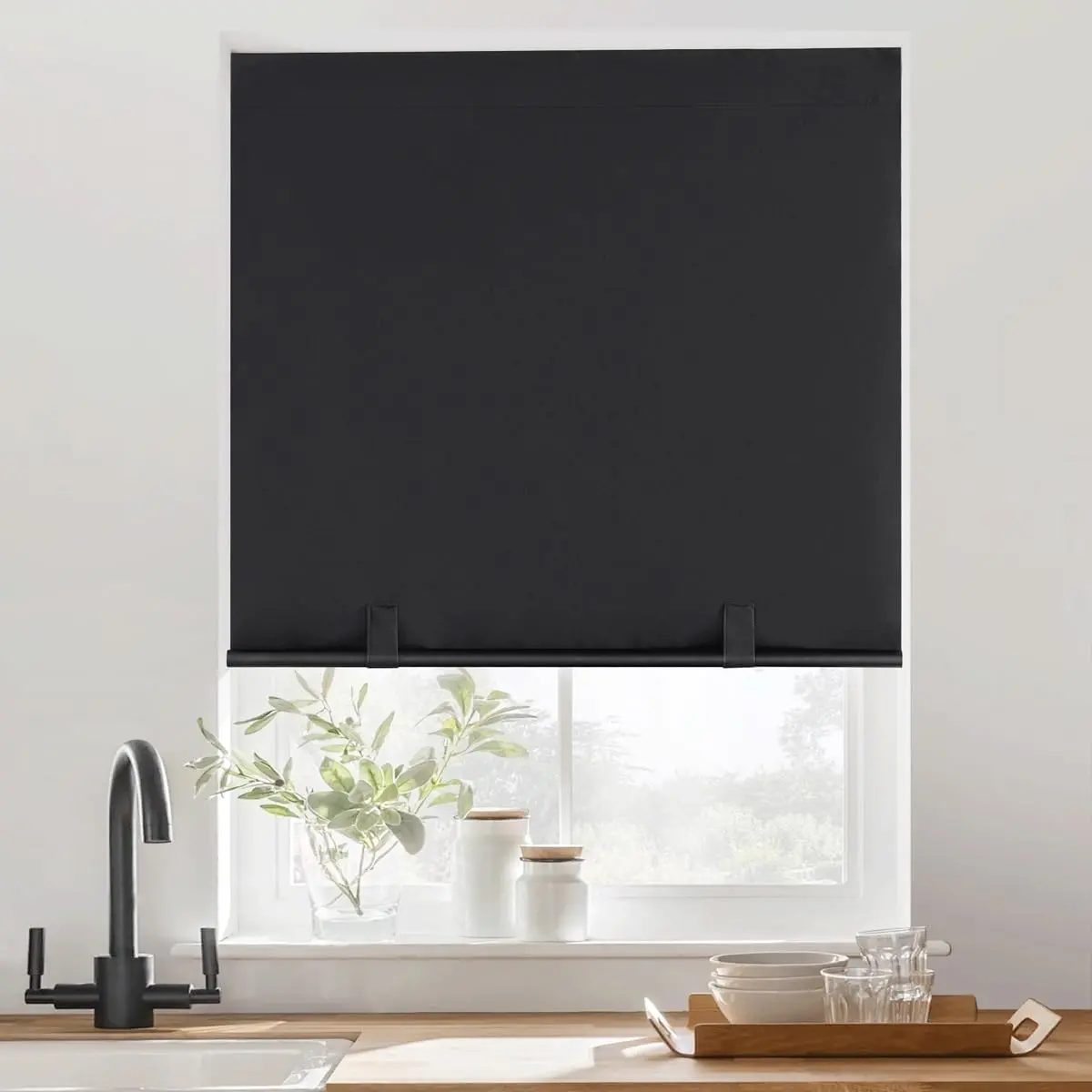 100% Blackout Blinds for Windows, No Roller Shades, Stick On Window Blinds, Cut to Size with Tie-Backs for Bedroom//French Door, W36 x L72, Black