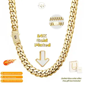 14K gold-plated Miami Cuba necklace or bracelet. Available sizes: 6/8/10/12/14 mm, necklace length: 16-30 inches, bracelet length: 7.5/8.5 inches. Beautifully designed with a stainless steel chain, waterproof and rustproof, stylish and versatile.
