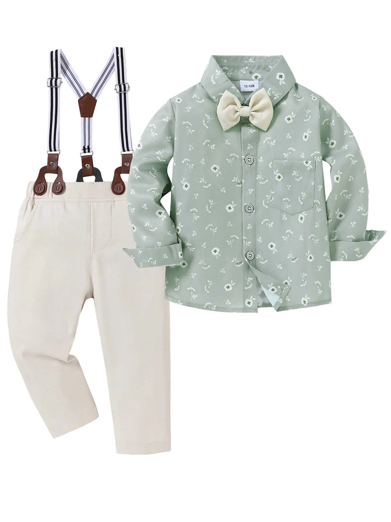 Toddler Boys Formal Suit Set, 3-Piece Classic Soft Cotton Outfit with Printed Button-Up Shirt, Detachable Bow Tie & Suspenders for Weddings & Parties, Classic Sets, Toddler Tuxedo, Minimalist, Family Photos, Christening