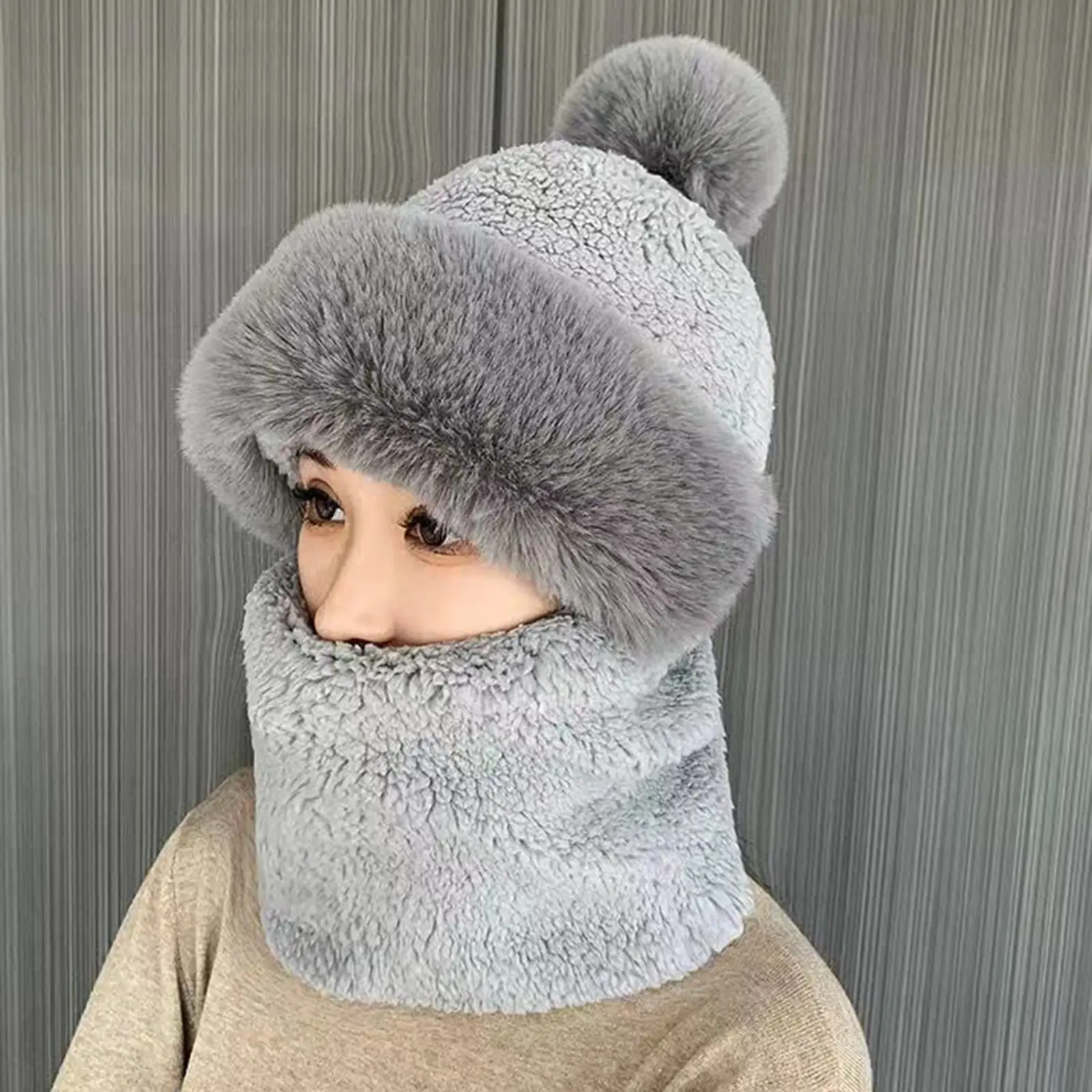 Women Winter Balaclava Beanie Hat with Faux Fur Pom-Pom Windproof Circle Scarf Hat Ski Snow Slouchy Fleece Lined Hat with Integrated Mask