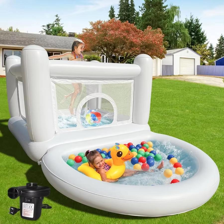 White Bounce House for Kids Indoor Bouncy Castle with Pump Toddler Bounce House PVC Waterproof Materials Easy to Clean Outdoor Toddler Toys White Bounce House With Ball Pit Indoor Playhouse Bouncy Castle  Outdoor Playhouse Inflatable Yard Decorations