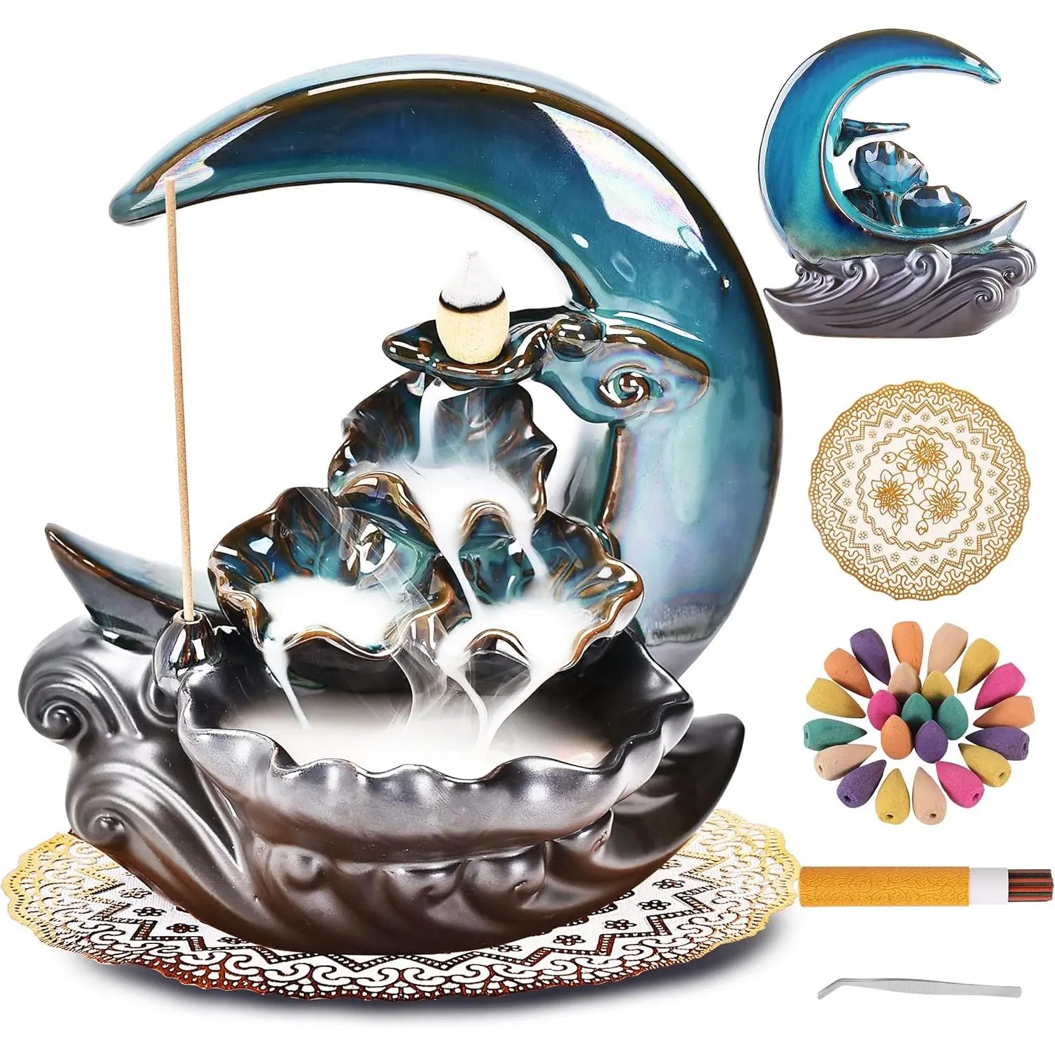 Ceramic Handmade Incense Burner with 100 Backflow Incense Cones, Incense Sticks, Incense Pad, Home Decor