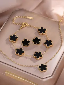 Women's Pearl Four-Leaf Clover Necklace Bracelet Earrings Set, Elegant Jewelry Accessory, Perfect Gift for Her, Suitable for Any Occasion