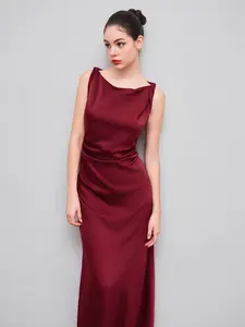Cider Satin Boat Neck Ruched Maxi Dress