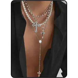 Silver Layered Cross Necklace Set For Women, 4Pcs Pearl Rosary Choker Chunky Christian Pendant Vintage Long Y Gold Necklace Stack Religious Statement Boho Gothic Adjustable Jewelry Gift