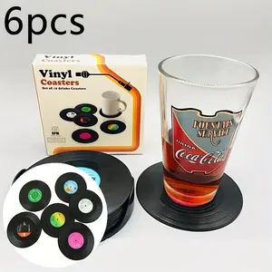 Vintage Record Design Coaster, 6 Counts/set Silicone Coaster with Holder, Non-slip Coffee Cup Mat, Decorative Coaster for Home Kitchen Bar