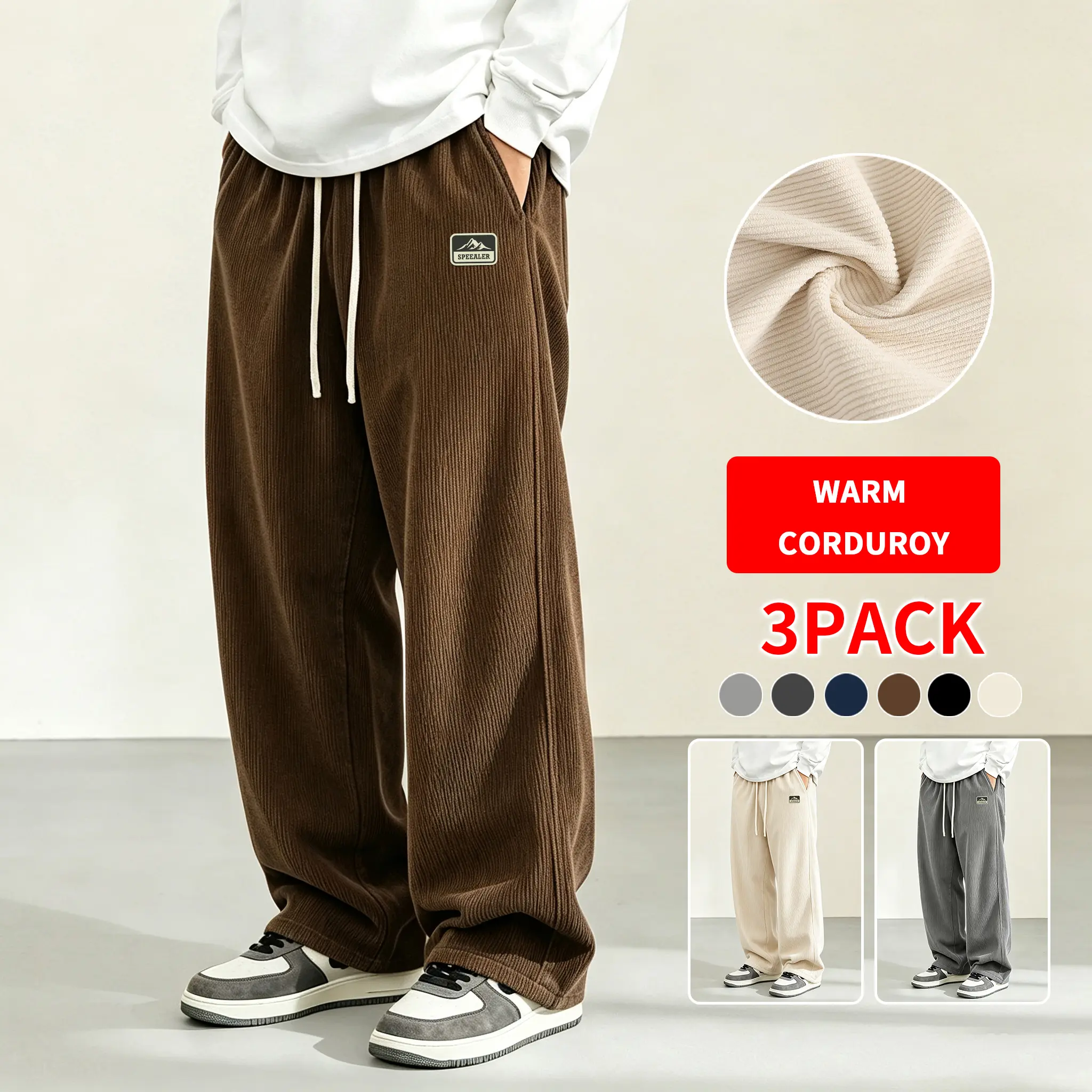 3-Pack Men's Warm Polyester Corduroy Trousers, Elegant Wide Leg Pants for Fall Winter, Stylish Menswear with Drawstring Waist, Streetwear