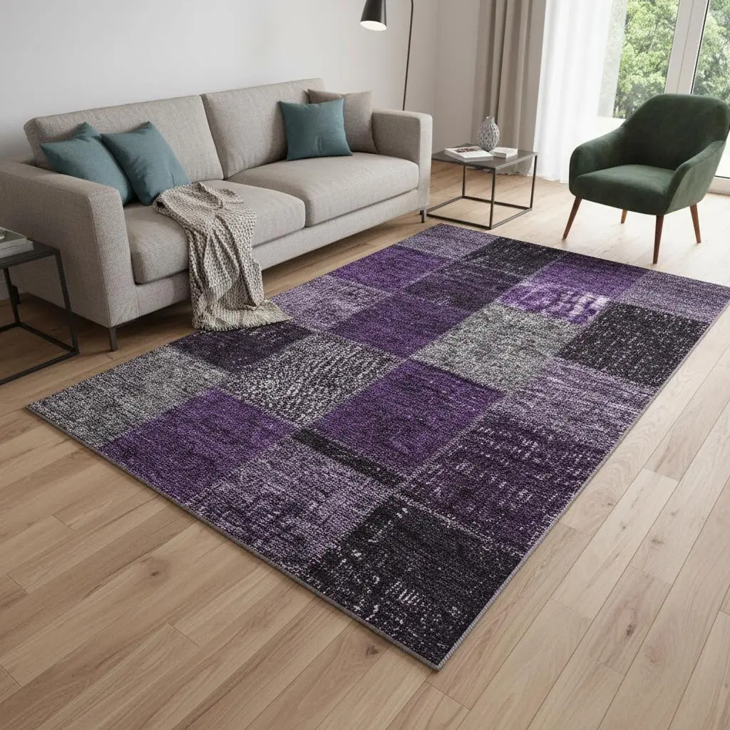 HomeRoots 655164 5x8 ft. Eggplant Gray & Purple Patchwork Machine-Made Rectangular Rug with UV Protection, Washable, Toddler-Proof, Puppy-Proof Patch Area Rug, Patch Area Rugs, Washable Area Rugs