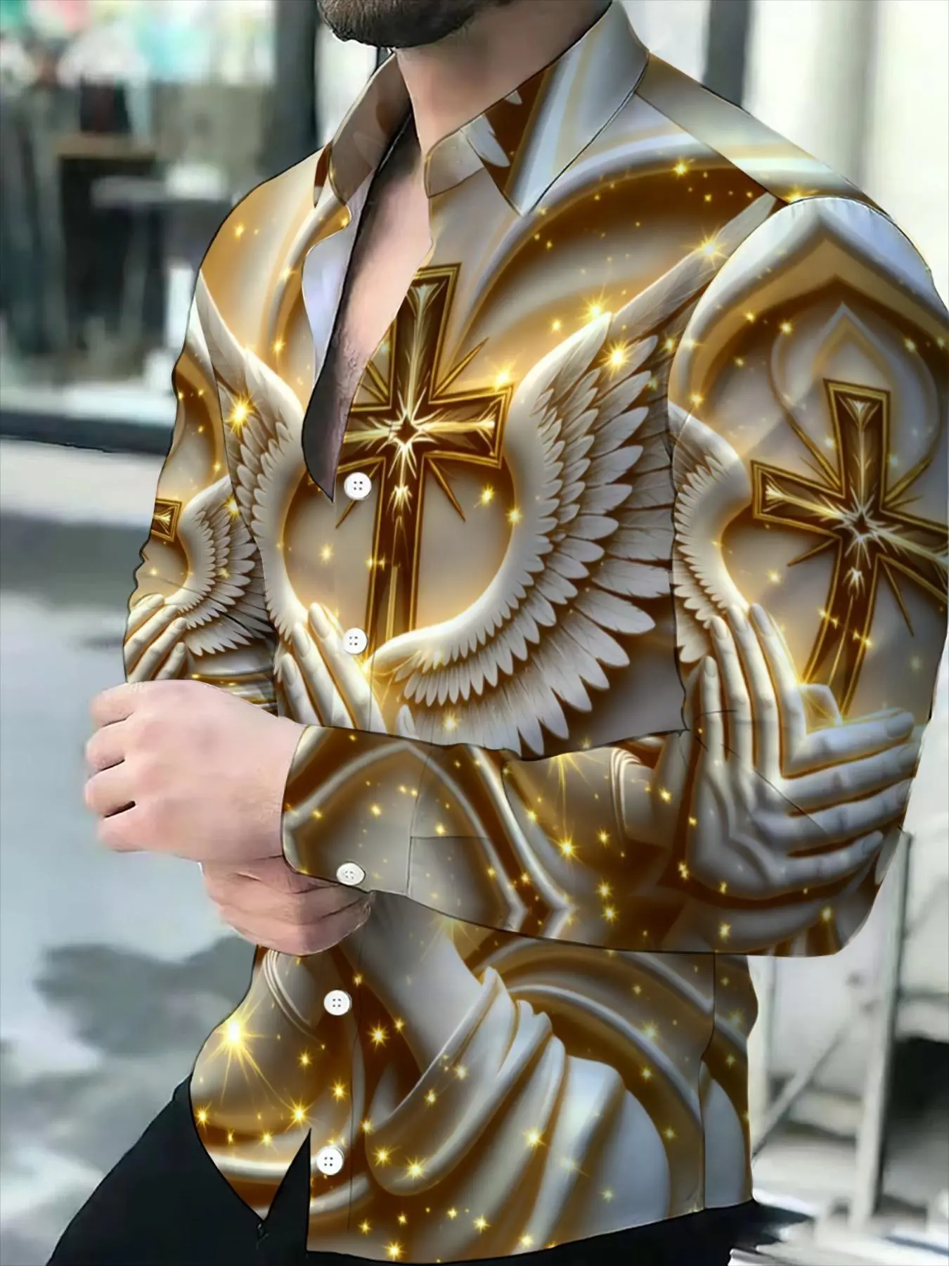 Men's Long Sleeve Shirt Novelty Pattern Golden Cross, Angel Wings and Praying Hands Top