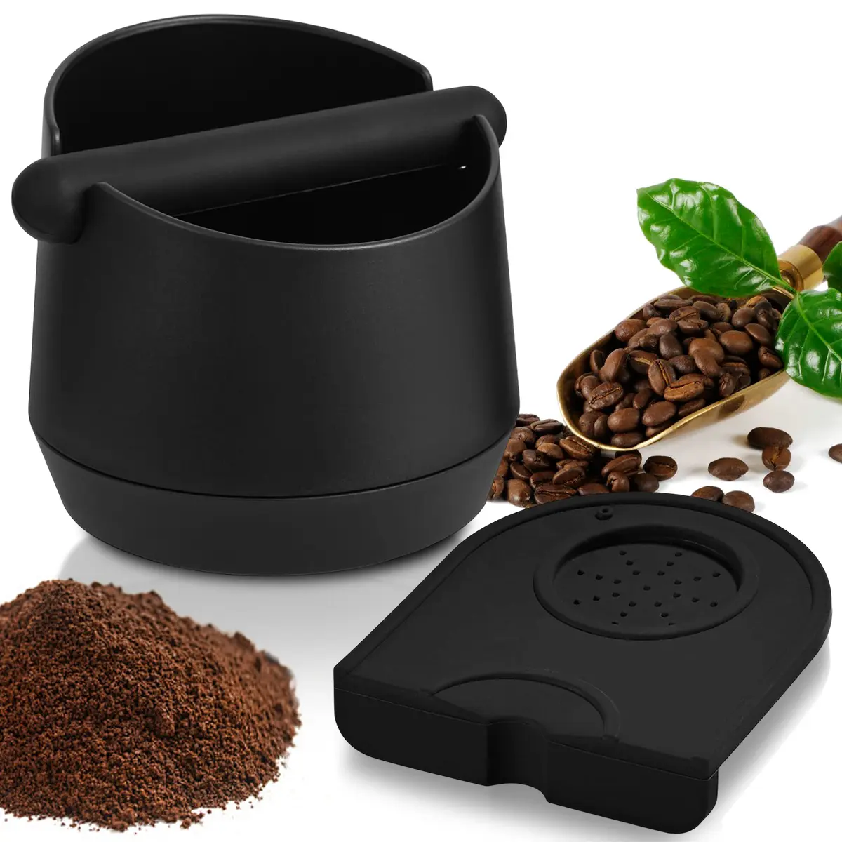 Coffee Knock Box with Silicone Coffee Tamper Mat, Coffee Grounds Container with Removable Knock Bar and Non-Slip Base, Shock-Absorbent Espresso Knock Box for Home/Office, Coffee Making Tool, Coffee Bar Accessories, Coffee Bar Essentials