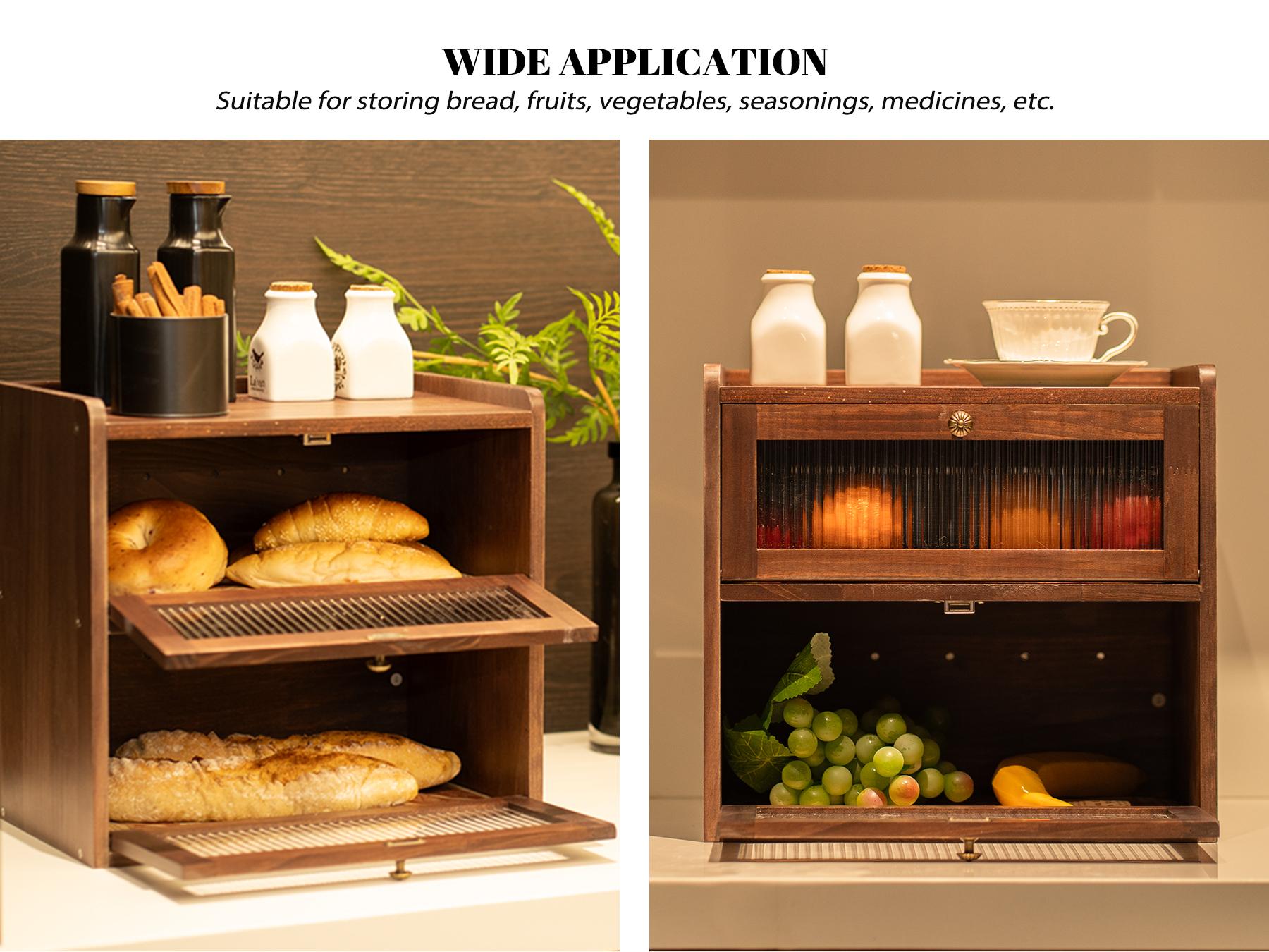 Solid Wood Bread Box for Kitchen Countertop , 2-Tier Large Wooden Bread Storage Bin , Farmhouse Bread Keeper for Homemade Bread, Brown (50 Deli Papers)