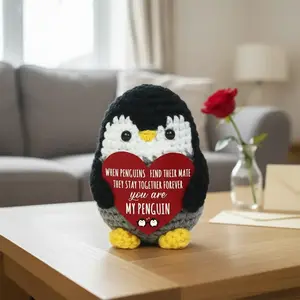 Handmade Knitted Penguin, Heart Card Valentine's Day Anniversary Romantic Gift for Men Women Couples Boyfriend Girlfriend Husband Wife, Handmade Crochet Penguin