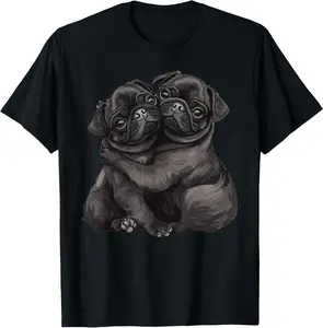 Black Pugs Hugging Cute Dog Lover Summer Casual Shortsleeve Cotton T-Shirt for Men Women