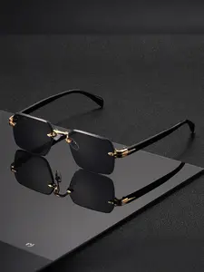 Retro Frameless Rectangular Sunglasses, Fashionable Metal Material, Exquisite Details, Suitable for Men & Women, Driving, Traveling, Fishing, Trendy Beach Eyewear