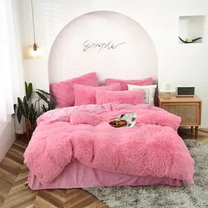 Fluffy Pink Faux Fur Comforter Cover Set，Fluffy Fuzzy Plush Pink Bedding 3Pcs (1 Faux Fur Duvet Cover +2 Fuzzy Pillowcases) Fluffy Bed Set Ultra-Soft,Elegant Design,LuxuryBedroom DecorAccessories,Breathable,Christmas andHalloween