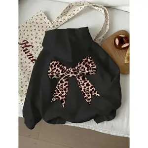 [Leopard Hooded Sweatshirt] Thick Leopard Print Hooded Sweatshirt | Tween Girls' Casual Long Sleeve Bow Design, Black Cartoon Pattern Pullover, Machine Washable Spring/Fall Regular Fit Top