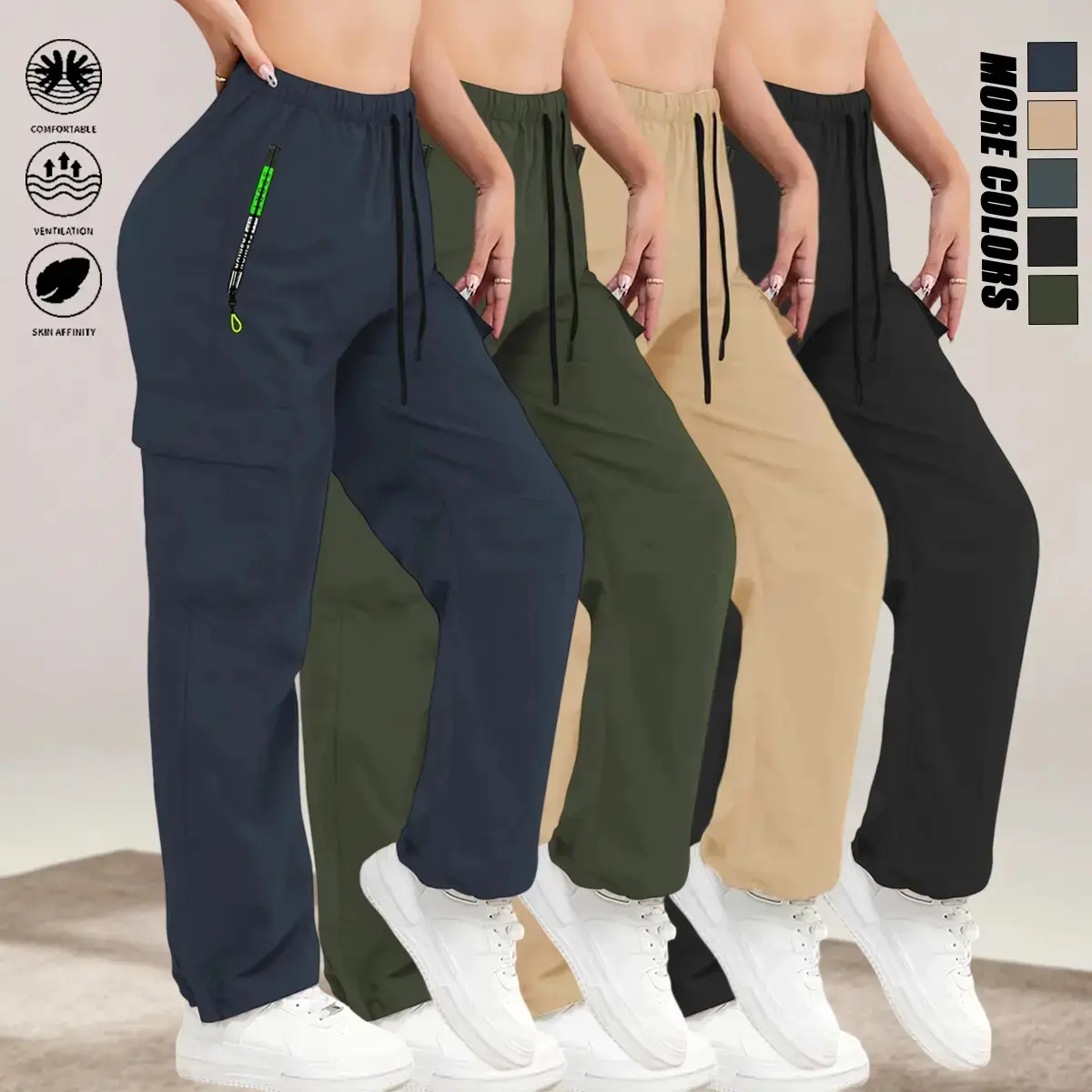 Women's Casual Cargo Pants, Quick-Dry Athletic Fit Trousers with Multi-Pockets and Drawstring Waist for Outdoor Hiking Sportswear, Everyday, Activewear, Adjustable, Bottom, Sports Clothes, Lady, Comfortable