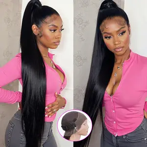 Ready to Wear 360 Human Hair Wig Pre-Cut Lace Bone Straight 180% Heavy Density HD Lace Frontal Wig with Drawstring for Women 14-34 Inch