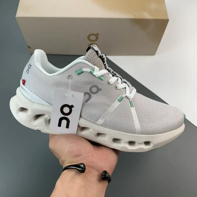 Performance street kicks that elevate every soft minimalist casual daily outfit, porous stretch knit mesh upper adopting ash grey off-white light green tri-tone contrast layout with wide roomy toe box, built-in mesh vent panels