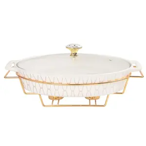 x 7 Ceramic Oval Casserole Dish with Glass Lid and Gold rack, 30 ounce Serving Soup Tureen,Chafing Dish for Buffet, Family Food