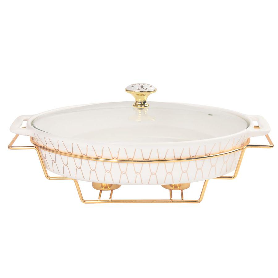 x 7 Ceramic Oval Casserole Dish with Glass Lid and Gold rack, 30 ounce Serving Soup Tureen,Chafing Dish for Buffet, Family Food